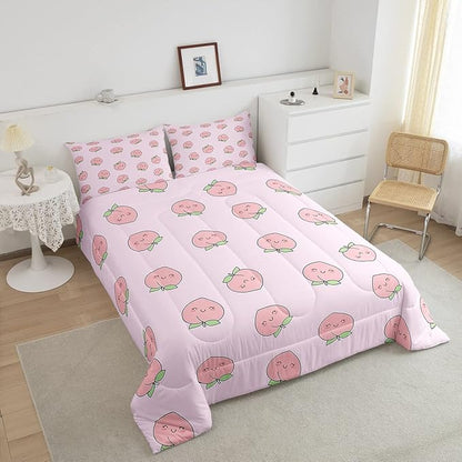 Cartoon Comforter Set Twin Size Pink Peach Bedding Set Kid Kawaii Down Comforter Girl Lovely Peach Duvet Set Cute Fruits Comforter Tropical Plant Bedding Reversible Soft Lightweight Room Decor