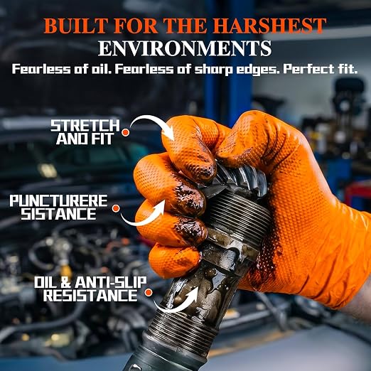 ANBOSON 10 Mil Heavy Duty Mechanic Nitrile Gloves, Large Orange 100 Count | Diamond Grip,Latex Free,Chemical Resistant Disposable Thick Rubber Gloves for Auto Repair, Industrial, Food, Work ,BBQ,Men