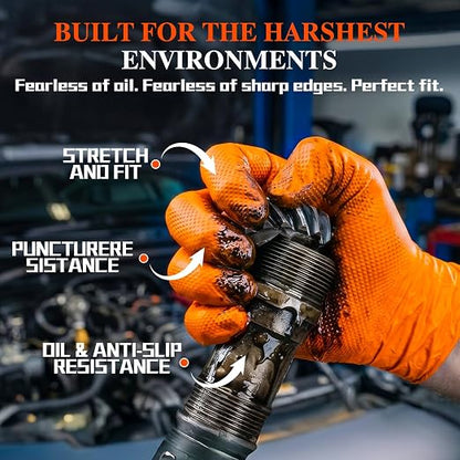 ANBOSON 10 Mil Heavy Duty Mechanic Nitrile Gloves, Large Orange 100 Count | Diamond Grip,Latex Free,Chemical Resistant Disposable Thick Rubber Gloves for Auto Repair, Industrial, Food, Work ,BBQ,Men