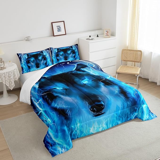Feelyou Wolf Bedding Set Safari Animal Pattern Comforter Cool Wildlife Style Comforter Set for Boys Girls Kids Room Decor Glitter Blue Wild Wolf Lightweight Duvet Set King Size with 2 Pillow Case