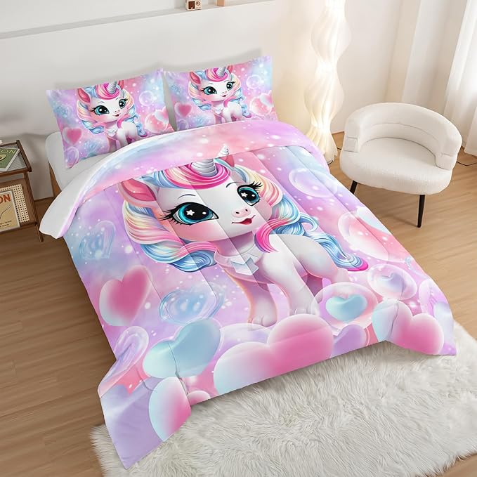 HOSIMA Unicorn Bedding Sets for Girls Teens,Cartoon Kawaii Unicorn Comforter Bubble and Love Heart Bedding Set,Fantasy Unicorn Bedroom Decor for Girls Pink Purple King Size Comforter Set.