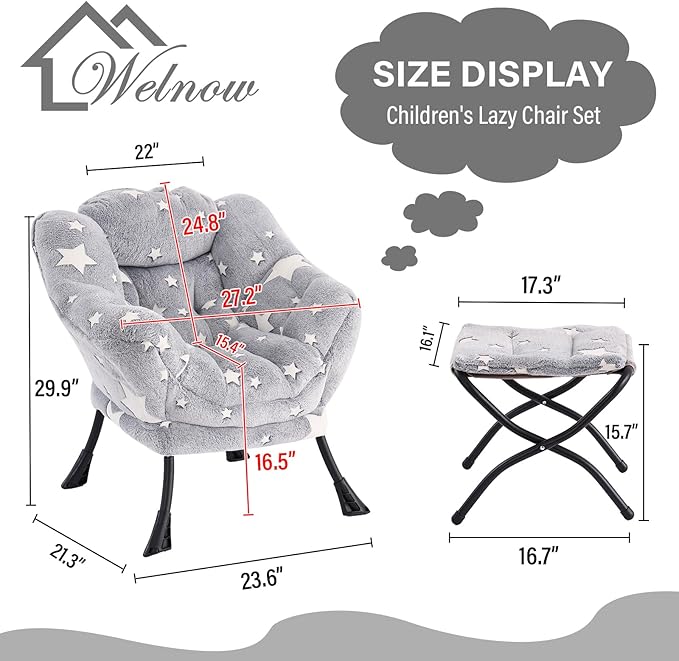 Welnow Toddler Kids Lazy Chair with Ottoman, Glow in The Dark Accent Comfy Lounge Children Armchair Couch with Removable Cover, Detachable Reading Chair with Footrest for Boy or Girl, Grey Star