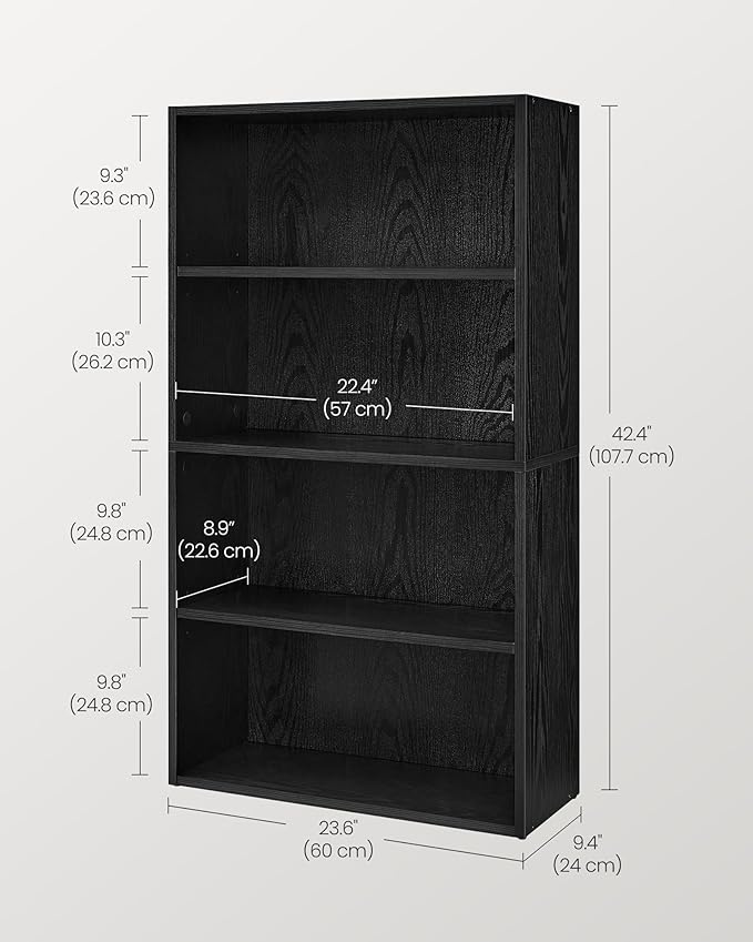 VASAGLE Bookshelf, 23.6 Inches Wide, 4-Tier Open Bookcase with Adjustable Storage Shelves, Floor Standing Unit, Ebony Black ULBC164T56