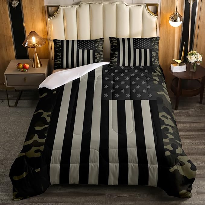 American Flag Comforter Set Queen Military Camo Down Comforter,Retro Army Green Camouflage USA Flag Bedding Set For Kids Boys Teens Men Bedroom,Black Grey Stars Stripes Quilt Duvet Set 2 Pillow Cases