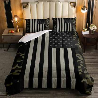 American Flag Comforter Set Queen Military Camo Down Comforter,Retro Army Green Camouflage USA Flag Bedding Set For Kids Boys Teens Men Bedroom,Black Grey Stars Stripes Quilt Duvet Set 2 Pillow Cases