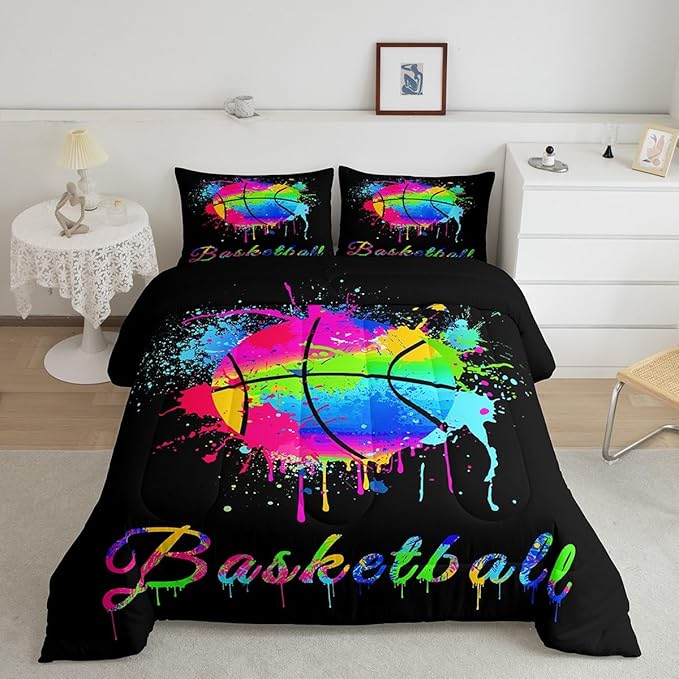 Kids Basketball Comforter Set Full Size Gaming Sports Bedding Set for Boys Girls Teens Bedroom Decor Ball Games Tie Dye Comforter Gift for Basketball Lover Duvet Set with 2 Pillow Case