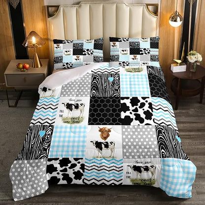 Erosebridal Kawaii Cow Print Comforter Set - Full Size, Blue Black Grey, 3 Pieces