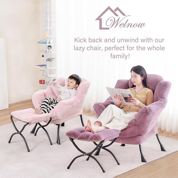 Welnow Toddler Kids Lazy Chair with Ottoman, Accent Comfy Lounge Children Armchair Couch with Armrest and Removable Cover, Detachable Reading Chair with Footrest for Boy or Girl, Plush Pink