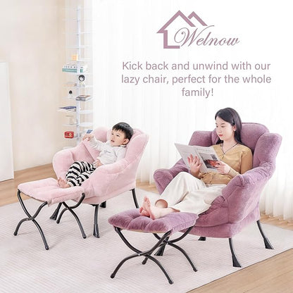 Welnow Toddler Kids Lazy Chair with Ottoman, Accent Comfy Lounge Children Armchair Couch with Armrest and Removable Cover, Detachable Reading Chair with Footrest for Boy or Girl, Plush Pink