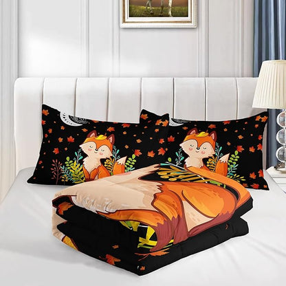 Cartoon Fox Comforter Set 3-Pieces Cute Fox Bedding Set Moon Plants Leaves Printed Quilt Set for Kids Boys Girls with 2 Pillowcases Full