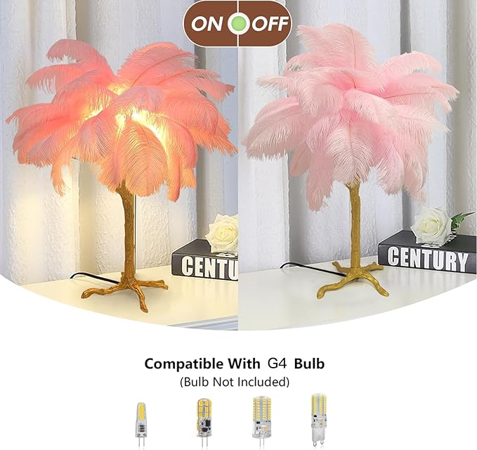 Ostrich Feather Desk Lamp Bedside Pink Cute Lamp Gold Resin Table Lamp, Coconut Tree Feather Lamp for Bedroom Living Room Hallway Wedding Girls Bedroom Night Light G4 Base