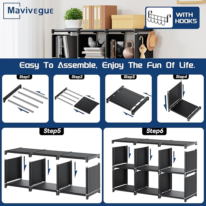 Mavivegue Book Shelf, 12 Cube Storage Organizer, DIY Bookcase, Metal Bookshelf,Tall Book case for Bedroom, Living Room,Office,Closet , Black Cubicle Rack