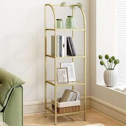 Bookcase Bookshelf, Tempered Glass Arched Bookshelf for More Storage, Slim Shelving Unit for Bedroom, Bathroom, Home Office, Steel Frame, 4 Tier Gold BC20499G