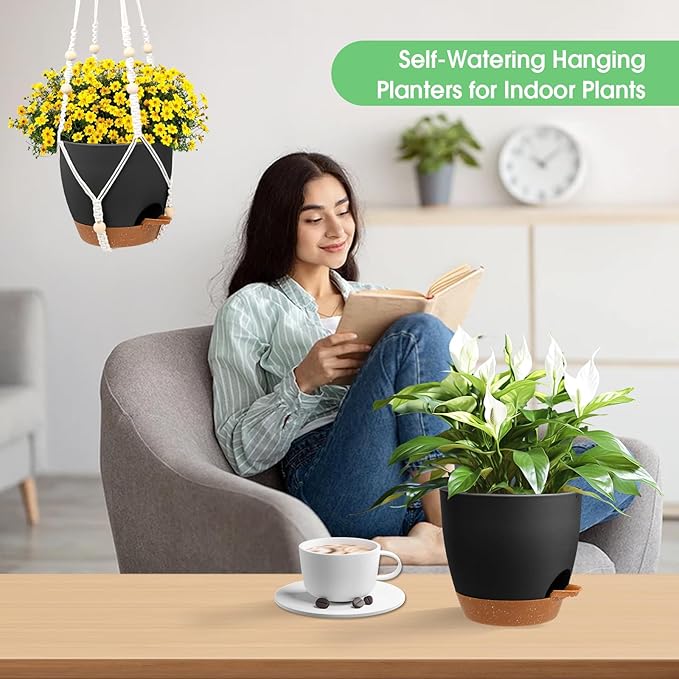 Hanging Planters for Indoor Outdoor Plants, 2 Pack Self Watering Hanging Pot with Drainage Holes, Removable Tray & 2 Kinds of Plant Hangers, 8'' Hanging Flower Pots for Home Garden Decor, Black