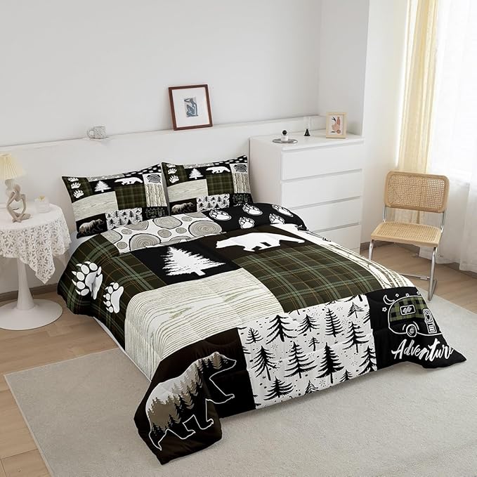 Bear Comforter Set Full Size,Pine Trees Animals Hunting Bedding Set for Kids Boys Girls Adults Room Decor,Camping Adventure Rustic Farmhouse Down Comforter,Green Plaids Duvet Insert,2 Pillowcases