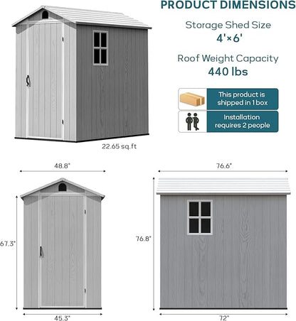 Greesum 4x6FT Plastic Outdoor Storage Shed with Floor, Resin Storaged Sheds with Lockable Door, Window & Vent, All-Weather Tool House for Garden, Backyard, Patio, Light Gray (One-Piece Panel)