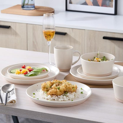 Stone Lain Jules Stoneware Dinnerware, Plates and Bowls, Dish Set for 4, Off White, Microwave & Dishwasher Safe, 16-Piece