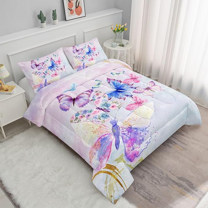 Datura home Watercolor Butterfly Comforter Bedding Set for Girls Kids Teens,Lightweight Colorful Floral Butterfly Printed Tie-dye with 2 Pillowcases(Watercolor Butterfly Full),Butterfly Purple