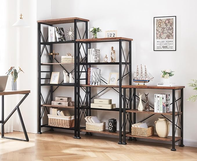 HOMBAZAAR Bookshelf, 6-Tier Industrial Bookshelf, Etagere Bookcases and Bookshelves, Tall Bookshelf Storage Organizer, Freestanding Bookshelf for Living Room, Bedroom and Home Office, Brown