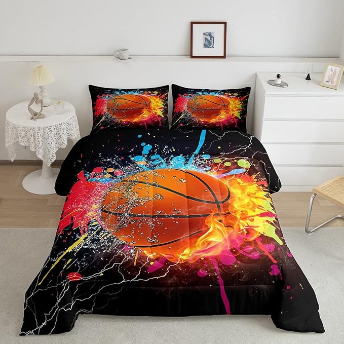 Teen Boys Basketball Bedding Set Kids Sports Comforter Sets King Soft Lightweight Bedroom Dorm Decor,Red Blue Fire And Water Lightning Ball Duvet Insert,Colorful Grunge Tie Dye Quilt Bedding 3 Pcs