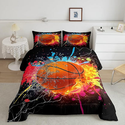 Teen Boys Basketball Bedding Set Kids Sports Comforter Sets King Soft Lightweight Bedroom Dorm Decor,Red Blue Fire And Water Lightning Ball Duvet Insert,Colorful Grunge Tie Dye Quilt Bedding 3 Pcs