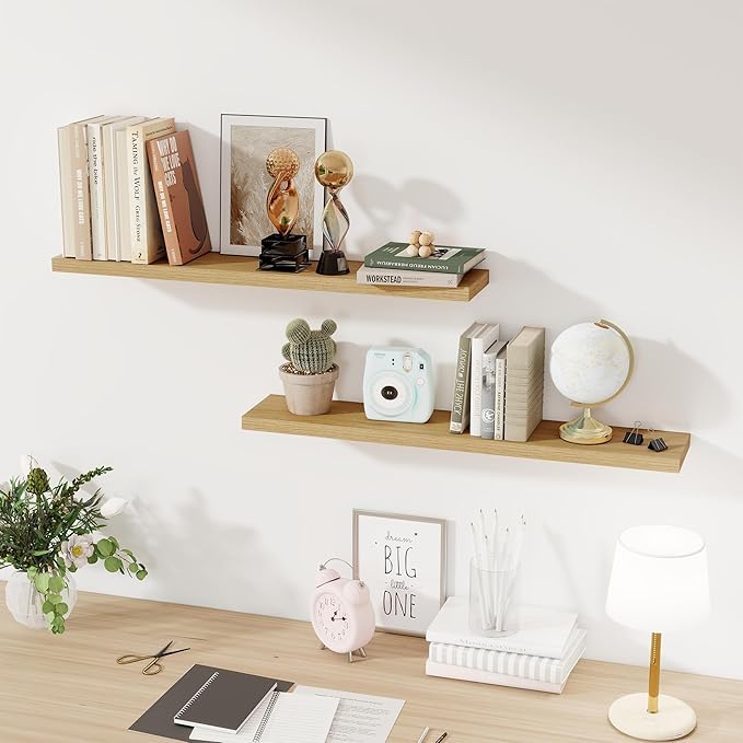 Fun Memories Floating Shelves for Wall, 36" Rustic Wood Deep Wall Mounted Shelves with Invisible Brackets for Decor & Storage, Floating Shelf for Living Room, Bathroom (Oak, Set of 2)