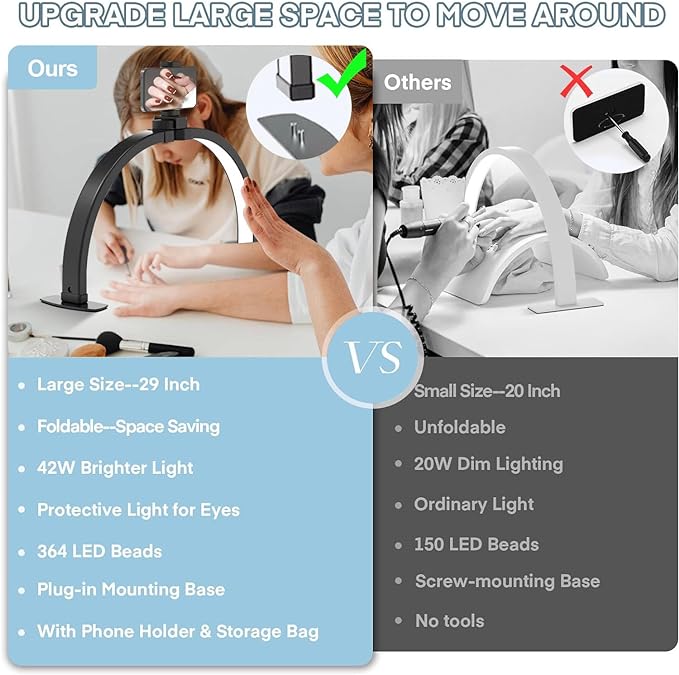 Foldable Half Moon Light for Nail Desk, 29 Inch Desk Lamp with Phone Holder for Video Creation, 3 Light Modes 3000-6500K Esthetician Lash Light for Eyelash, Nail, Video