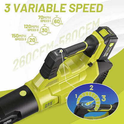 SEYVUM 580CFM MAX Leaf Blower Cordless with 5.0 Battery & Fast Charger, 3-Speed Dial 20V Electric Leaf Blower for Lawn Care, Battery Powered Leaf Blower Lightweight for Patio, Yard, Snow