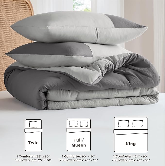 Grey Twin Comforter Set - Modern Soft Farmhouse Bedding for Teen Boys, Kids Colorblock Pattern Bed Sets for All Season, 2 Pieces includes 1 Comforter, 1 Sham (66"x 90")
