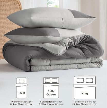 Grey Comforter Queen Set - Modern Soft Farmhouse Comforter Sets for Men, Masculine Colorblock Pattern Bedding Set for All Season, 3 Pieces includes 1 Comforter, 2 Shams (90"x 90")
