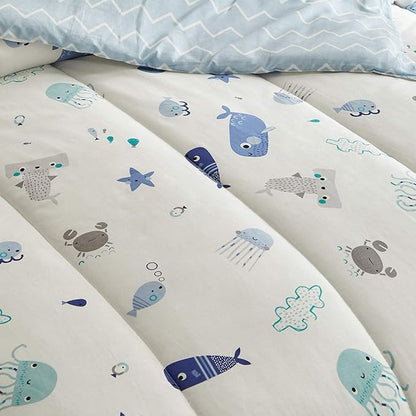 Joyreap 3pcs Premium Cotton Comforter Set for Kids Boys n Girls, Vibrant Ocean Theme Starfish Whale Crab Printed, Skin-friendly Breathable Bedding Comforter for All Season (Full/Queen, 88x88 inches)