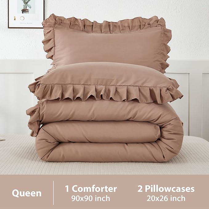 Andency Taupe Queen Comforter Set(90x90Inch), 3 Pieces(1 Ruffle Comforter and 2 Pillowcases) Solid Bedding Comforter Sets for Queen Bed, Lightweight and Fluffy Soft Microfiber Bedding Set