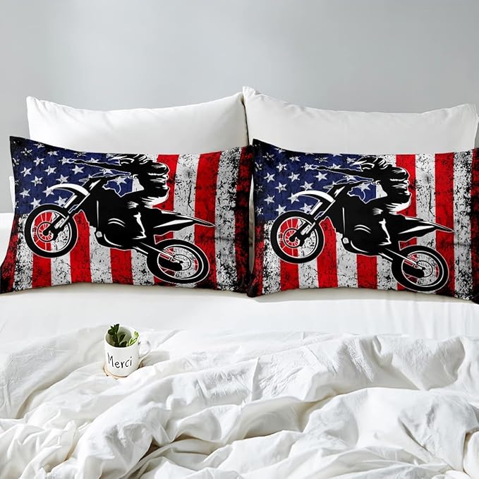 Dirt Bike Comforter Set Queen Motocross Comforter Retro American Flag Bedding Set for Kids Boys Teens Men Grunge Room Decor,Extreme Sports Tie Dye Bed Set Motor Biker Motorcycle Quilt Duvet Set 3 Pcs