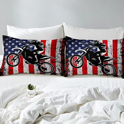 Dirt Bike Comforter Set Full Motocross Comforter Retro American Flag Bedding Set for Kids Boys Teens Men Grunge Room Decor,Extreme Sports Tie Dye Bed Set Motor Biker Motorcycle Quilt Duvet Set 3 Pcs