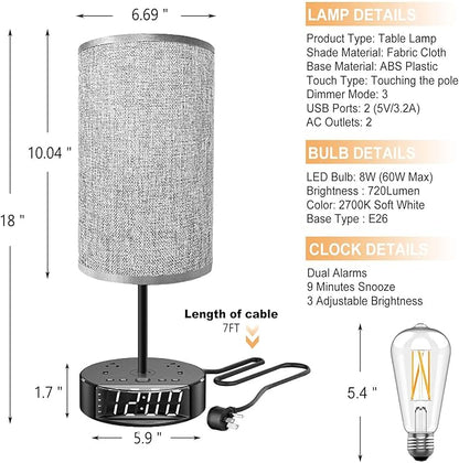 Gray Nightstand Light Lampshade 7ft Plug Extension Cord Dual USB Charging Port AC Outlet, Cylinder Desk Lamp Clock Charger…