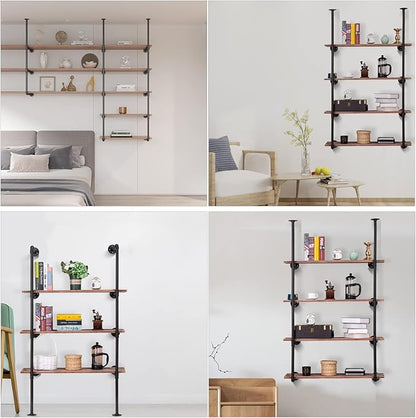 Pynsseu Industrial Iron Pipe Shelf Wall Mount, Farmhouse DIY Open Bookshelf, Pipe Shelves for Kitchen Bathroom, bookcases Living Room Storage, 2Pack of 4 Tier