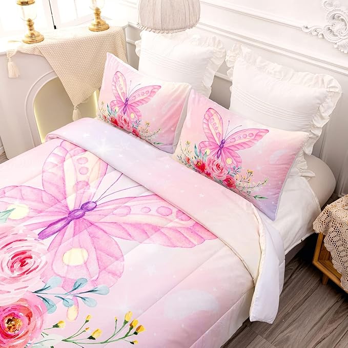 CVHOUSE Butterfly Comforter Sets King for Girls Women,Butterfly Bedding Sets King Set,Butterflies Bedspread,Butterfly Duvet,Butterfly Bed Set,Butterflies Quilt Set 3 Pcs 1 Comforter and 2 Pillowcases