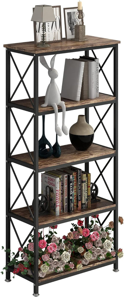 4NM Bookshelf 5 Tier Industrial Bookcase Home Office Adjustable Bookshelves Storage Shelves Organizer Vintage Book Shelf Display Rack for Living Room, Bedroom,Home (Rustic Brown and Black)