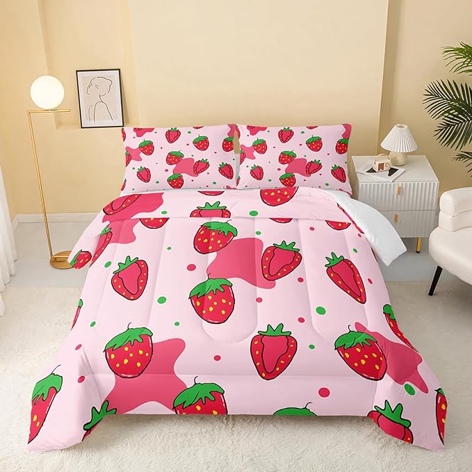 Kawaii Comforter Queen,Pink Strawberry Comforter Set for Kids Teens Girls,3Pcs Bedding Set Printed Comforter with 2 Pillowcases,Down Alternative,Soft and Lightweight，Queen Size