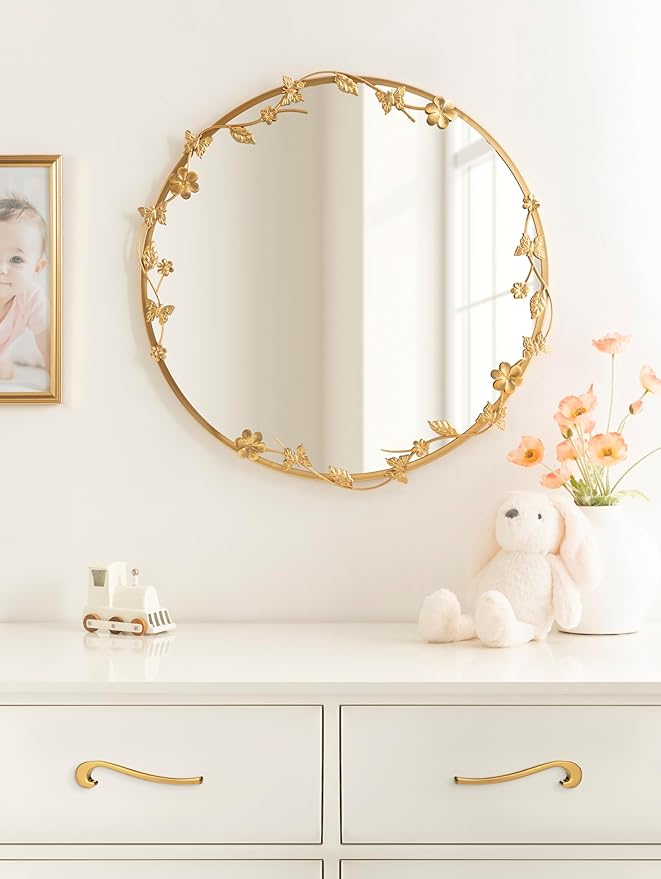 Kate and Laurel Rosella Modern Ornate Round Wall Mirror, 26 Inch Diameter, Gold, Circle Mirror with Floral Detailing for Use as Bathroom Mirror for Over Sink or Cute Nursery Mirror Decor