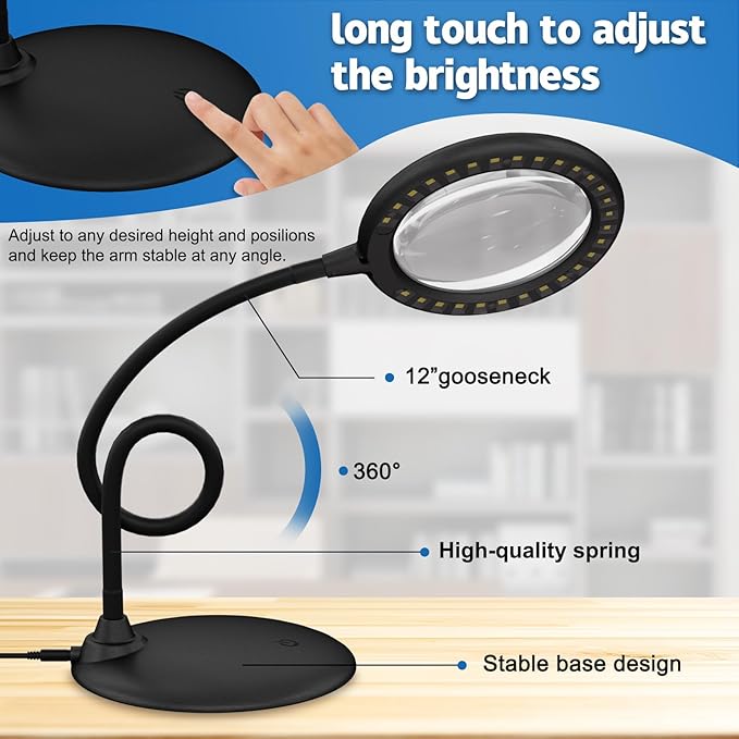 Magnifying Glass with Light and Stand, 5X Desk Magnifying Desk Lamp, Table Magnifier Lamp for Senior Close Work Reading Crafts
