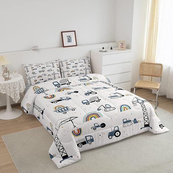 Toddler Cute Cars Bedding Set Cartoon Excavator Kids Comforter Set Boys Construction Vehicles Comforter Equipment Trucks Duvet Set Rainbow Room Decor Tractor Quilt Set Twin Size With 1 Pillow Case