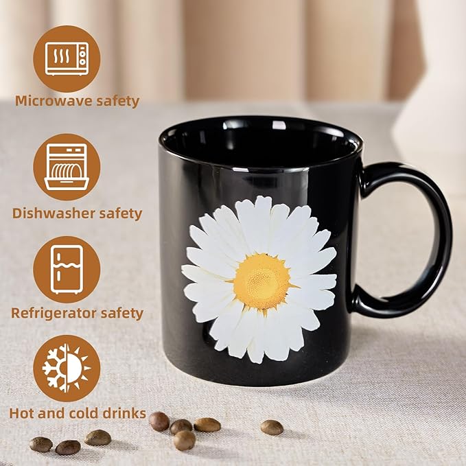 12Oz Daisy Black Ceramic Mug, Mug for Daily Coffee and Tea, Lead-free, Microwave and Dishwasher Safe Coffee Mug, Perfect gifts for women and men