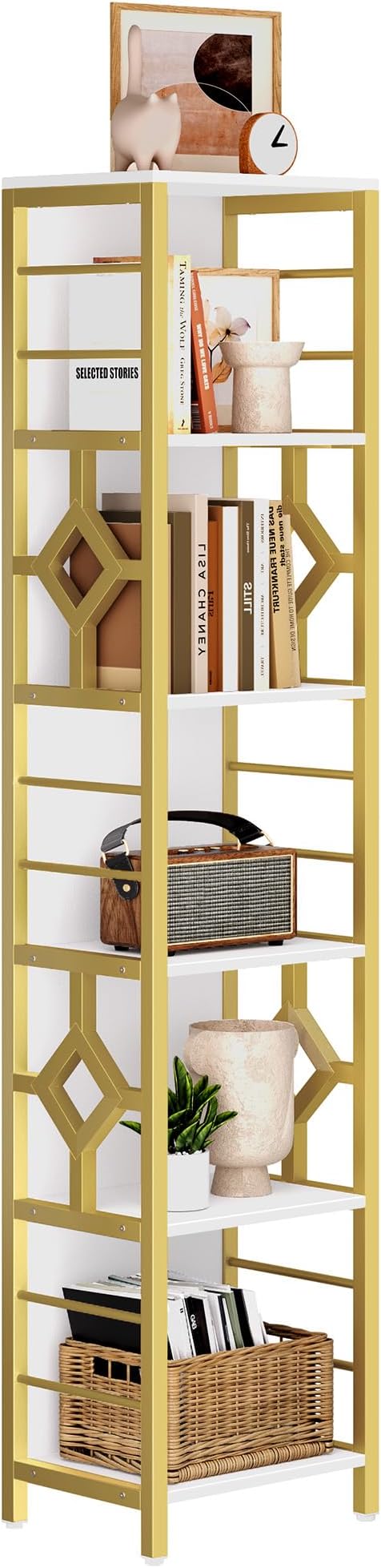 YITAHOME Narrow Bookshelf, 5-Tier White and Gold Book Shelf Storage Rack, Display Shelves Stand Etagere for Small Spaces, Open Bookcase for Bedroom Living Room Bathroom Kitchen, Gold