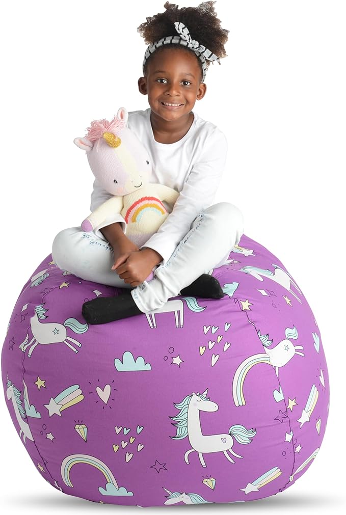 Creative QT Stuff ’n Sit Extra Large 38’’ Bean Bag Storage Cover for Stuffed Animals & Toys, Giant Beanbag Chair for Plush, Toddler & Kids Rooms Bedroom Organizer, Purple Unicorn