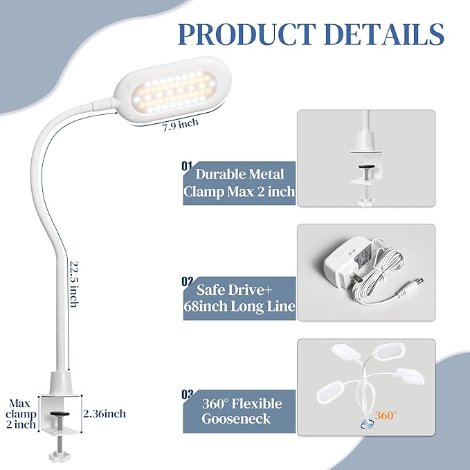 LED Desk Clamp Lamp, Eye Care Table Light Bright Enough for 700 Lumen, 10W Dimmable & 3 Color Modes, Flexible Gooseneck Touch Desk Lights for Home/Office/Reading/Work (White)