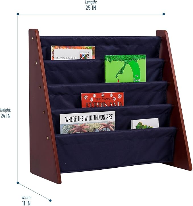 Wildkin Kids Canvas Sling Bookshelf for Boys and Girls, Wooden Design Features Four Fabric Shelves, Keep Bedrooms, Playrooms, and Classrooms Organized, Measures 25 x 24 x 11 Inches (Cherry w/ Blue)