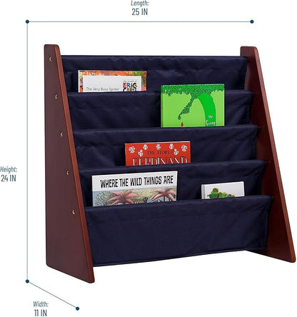 Wildkin Kids Canvas Sling Bookshelf for Boys and Girls, Wooden Design Features Four Fabric Shelves, Keep Bedrooms, Playrooms, and Classrooms Organized, Measures 25 x 24 x 11 Inches (Cherry w/ Blue)