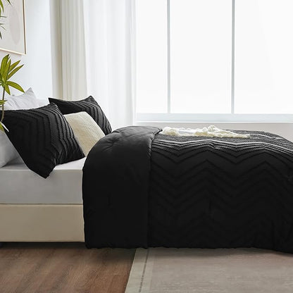 CozyLux Queen Comforter Set Black - 3 Pieces Black Boho Tufted Shabby Chic Bedding Comforter Set for All Seasons, Chevron Bedding Sets with Comforter & 2 Pillow Shams