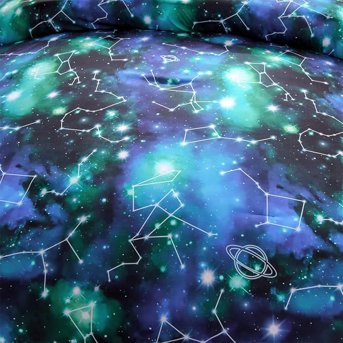 Holawakaka Tie Dye Constellation Print Ombre Comforter Set Queen Size Girls Boys Gradient Galaxy Bedding Set (Black Green,Queen)